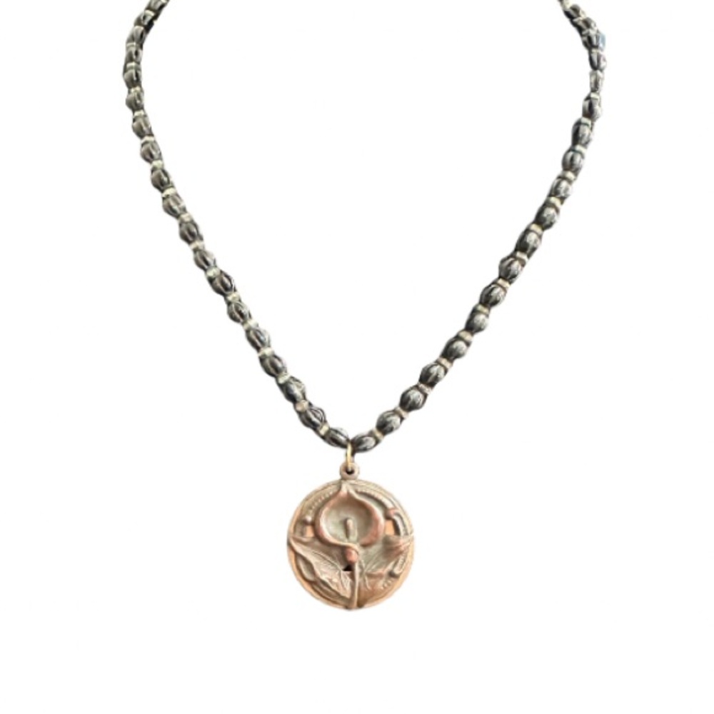 Elegant Bronze Lily Pendant and Black Beaded Necklace One of a Kind Boutique
